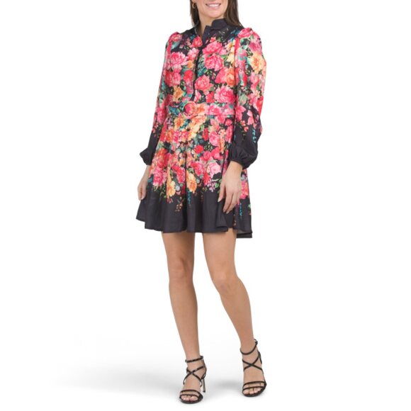 DALIA MACPHEE Black Multi Long Sleeve Floral Mini Dress With Belt